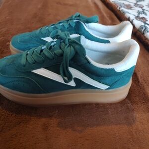 Teal and White Sneakers with Gum Sole